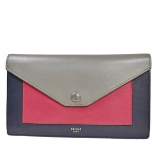 CELINE Pocket Tryfolded Long Bifold Wallet Purse Leather Blue Red Gray